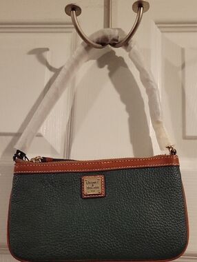 Dooney & Bourke Green Pebbled Grain Leather Large Slim Wristle with Tan Trim